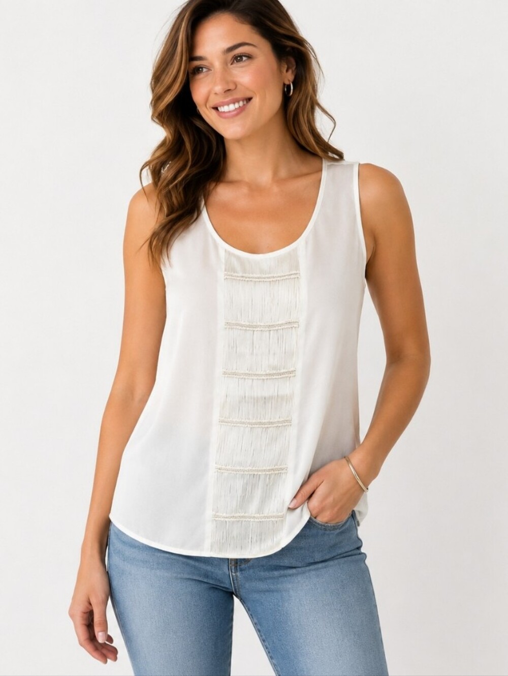 Chicos Cream Sleeveless Vertical Fringe Panel Detail Bohemian Blouse Sz 2 (Lg)